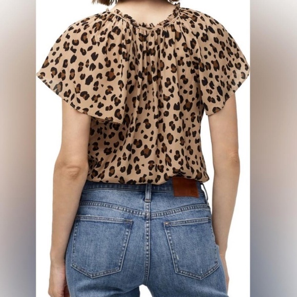 J. Crew Leopard Print 100% Silk Flutter Sleeve Top - Picture 3 of 9